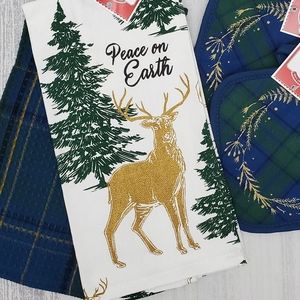 4Pc- Rustic Deer Christmas Towels Kitchen Linen Set *